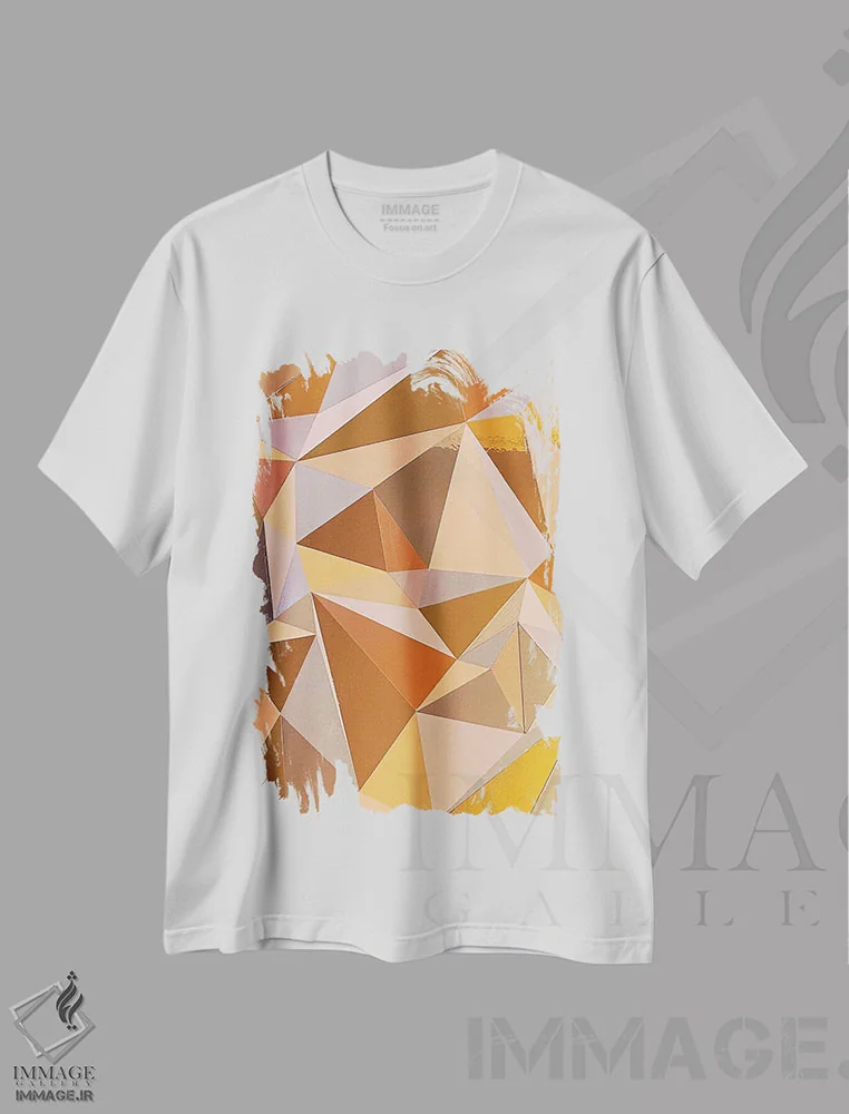 تیشرت سفید طرح دار آینه ها در طلایی، آبستره اثر شوشانیک کاراپتیان | فروشگاه ایماژ