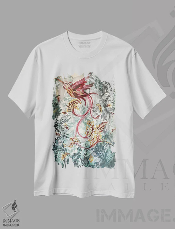 تیشرت سفید طرح دار پرواز بهار، دکور بوهمی اثر شوشانیک کاراپتیان | immage.ir