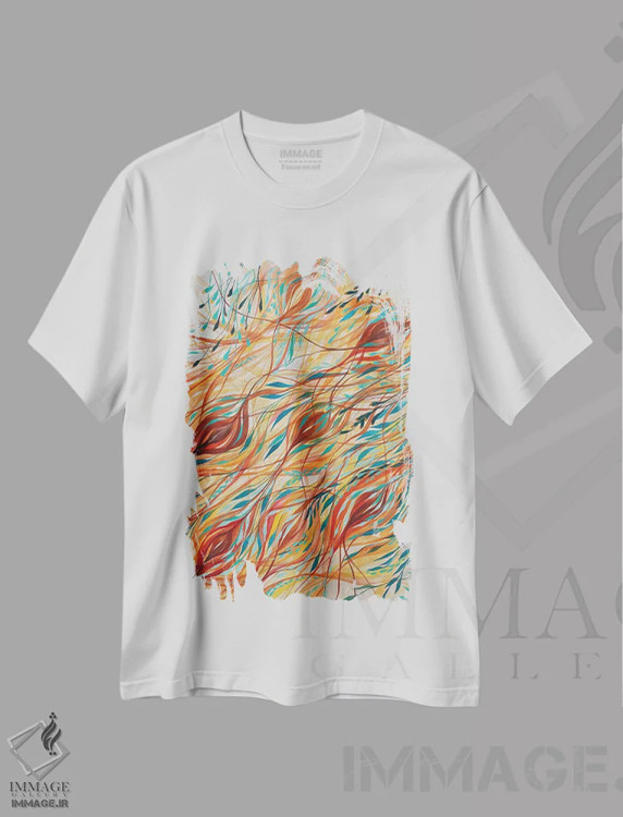 تیشرت سفید طرح دار مدیتیشن در طیف گرم، آبستره اثر شوشانیک کاراپتیان | فروشگاه ایماژ