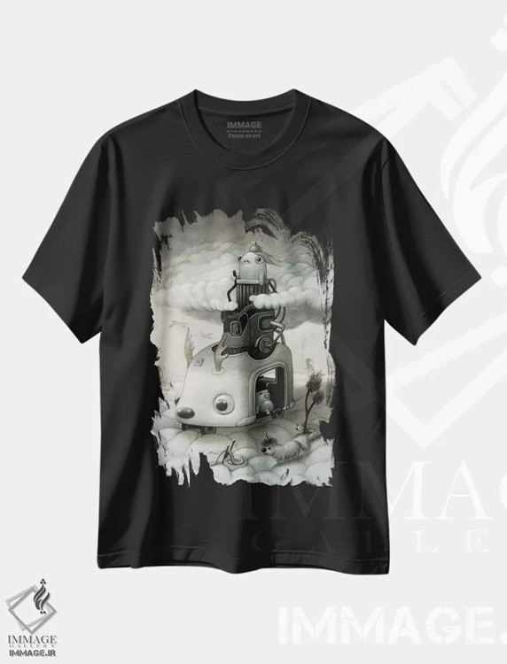 تیشرت مشکی طرح دار خزنده ابرها، هنر فاخر معاصر اثر کریستین آدام | فروشگاه ایماژ