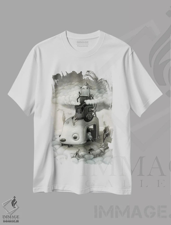 تیشرت سفید طرح دار خزنده ابرها، هنر فاخر معاصر اثر کریستین آدام | immage.ir