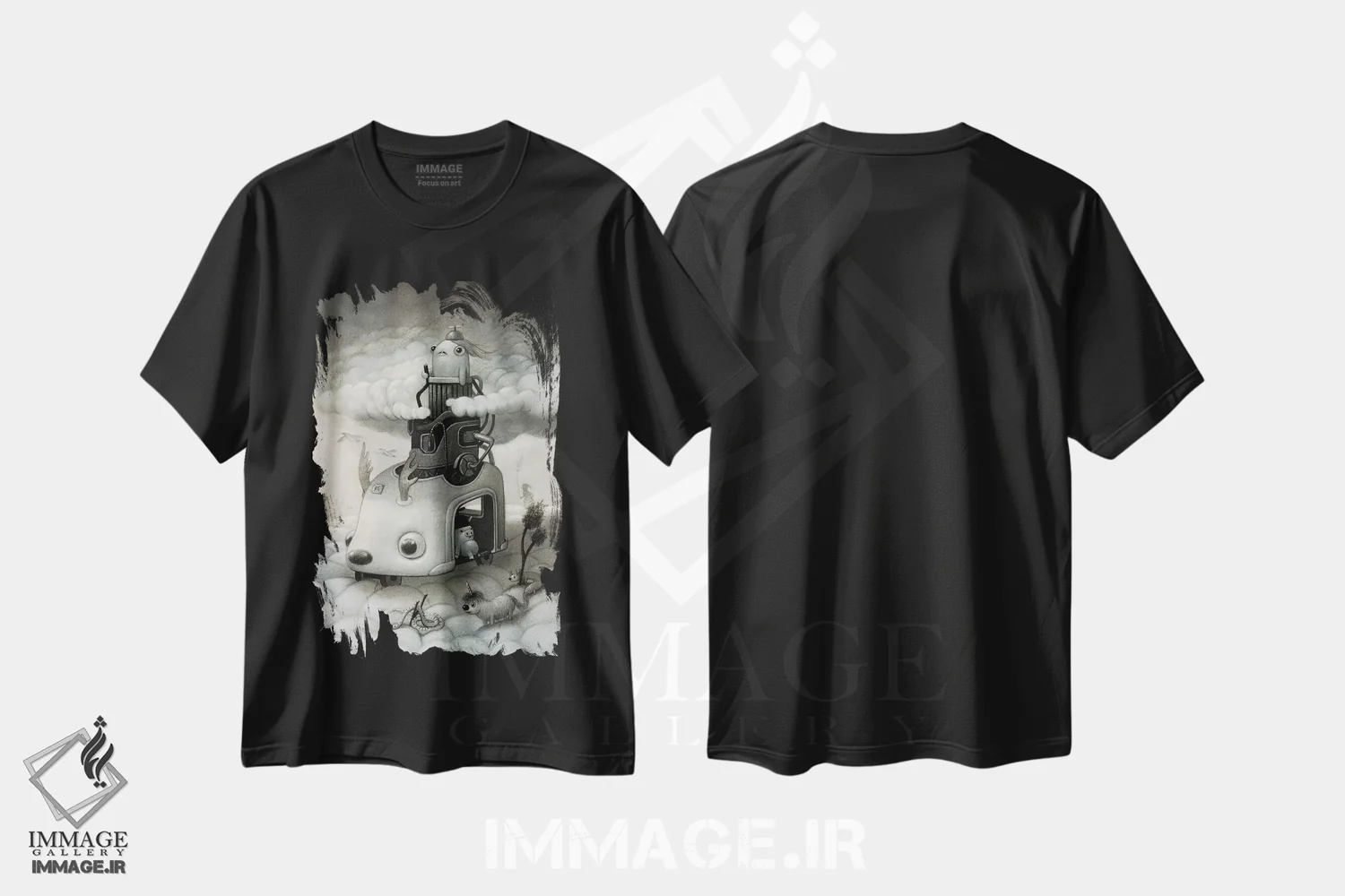 تیشرت مشکی طرح دار خزنده ابرها، هنر فاخر معاصر اثر کریستین آدام | فروشگاه ایماژ
