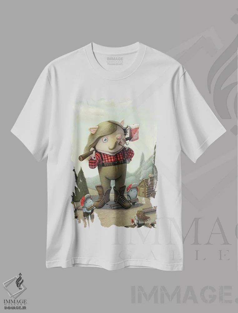 تیشرت سفید طرح دار هیزم شکن، هنر فاخر معاصر اثر کریستین آدام | فروشگاه ایماژ