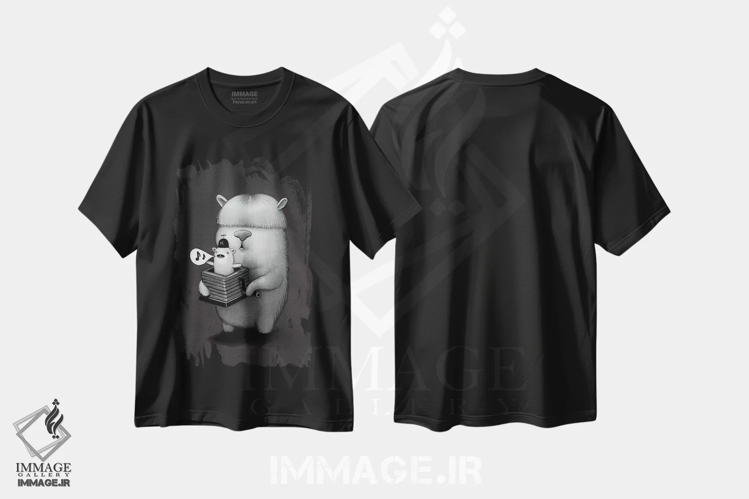 تیشرت مشکی طرح دار جعبه موسیقی، هنر فاخر معاصر اثر کریستین آدام | فروشگاه ایماژ