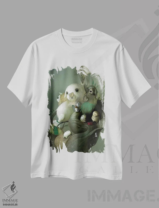 تیشرت سفید طرح دار بیدار کردن چارلی ها، هنر فاخر معاصر اثر کریستین آدام | فروشگاه ایماژ