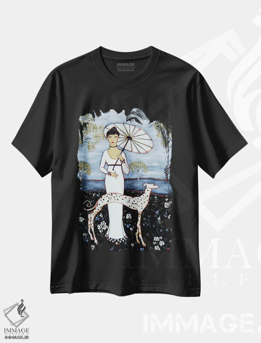 تیشرت مشکی طرح دار زن با درختان توس و سگ دالماتین، هنر فاخر معاصر اثر کارن ریگر | فروشگاه ایماژ