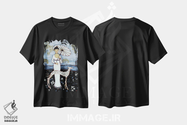 تیشرت مشکی طرح دار زن با درختان توس و سگ دالماتین، هنر فاخر معاصر اثر کارن ریگر | فروشگاه ایماژ