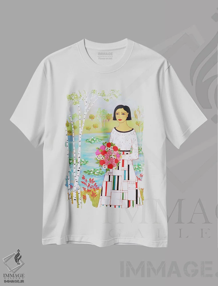 تیشرت سفید طرح دار زن با درختان توس، هنر فاخر معاصر اثر کارن ریگر | فروشگاه ایماژ