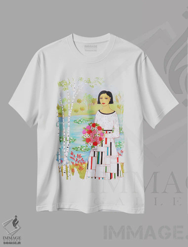 تیشرت سفید طرح دار زن با درختان توس، هنر فاخر معاصر اثر کارن ریگر | فروشگاه ایماژ