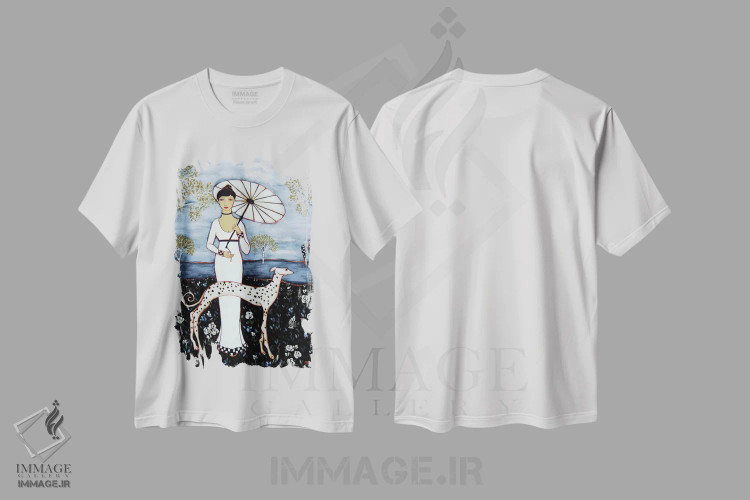 تیشرت سفید طرح دار زن با درختان توس و سگ دالماتین، هنر فاخر معاصر اثر کارن ریگر | immage.ir
