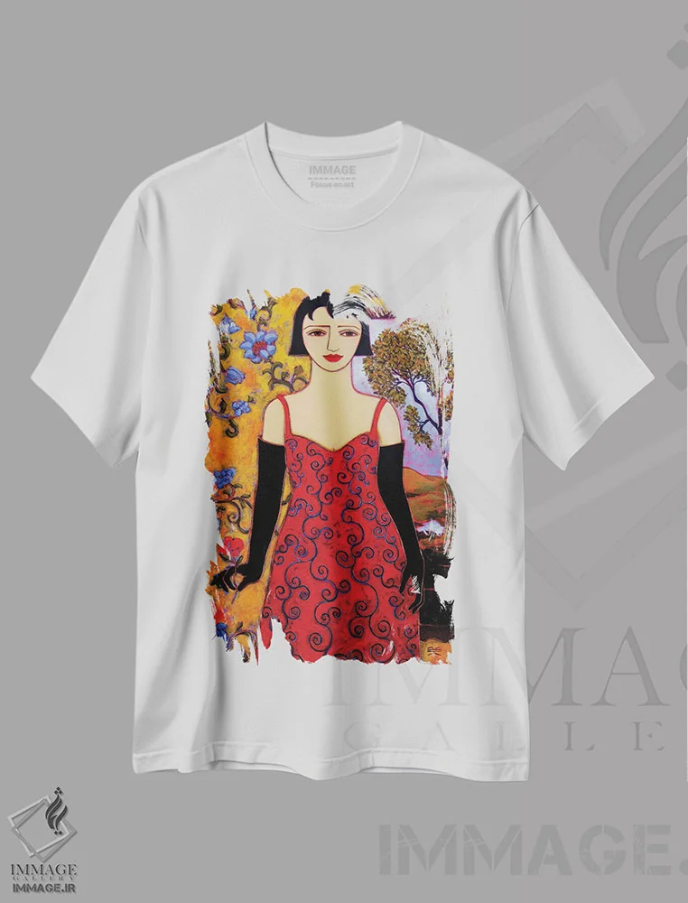 تیشرت سفید طرح دار زن با منظره و گل رز، هنر فاخر معاصر اثر کارن ریگر | فروشگاه ایماژ