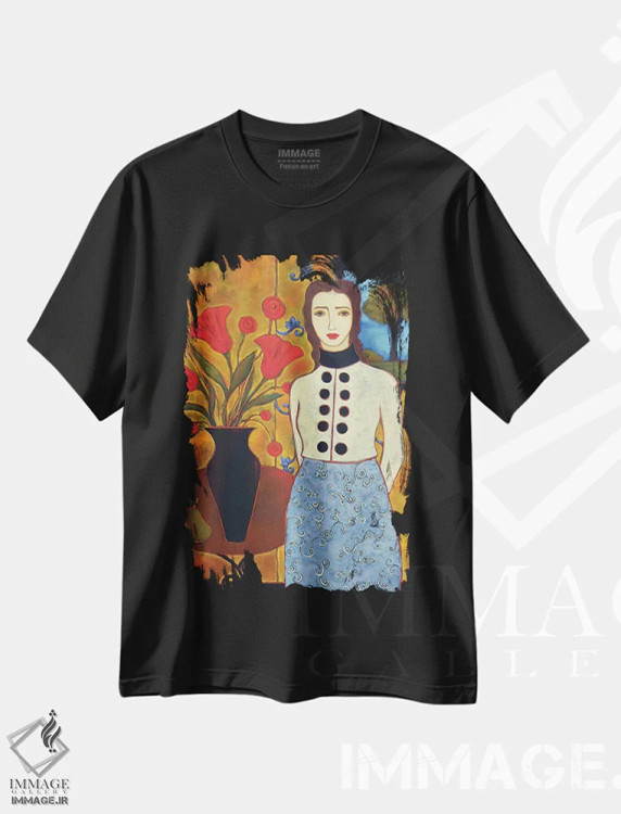 تیشرت مشکی طرح دار زن با گل لاله و منظره، هنر فاخر معاصر اثر کارن ریگر | فروشگاه ایماژ