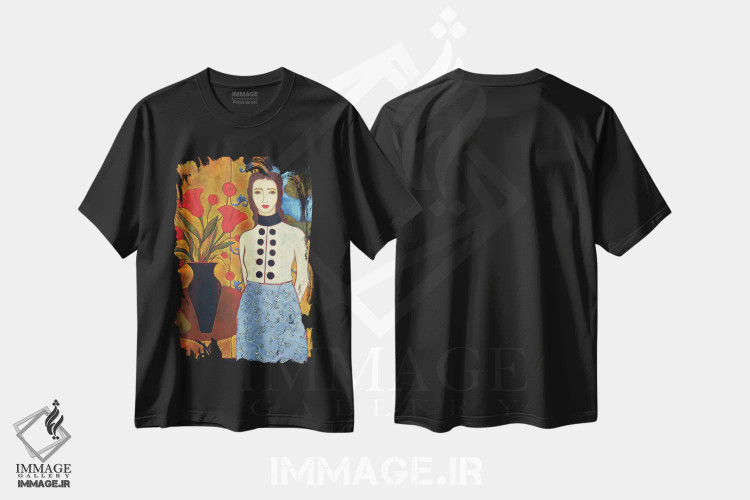 تیشرت مشکی طرح دار زن با گل لاله و منظره، هنر فاخر معاصر اثر کارن ریگر | فروشگاه ایماژ