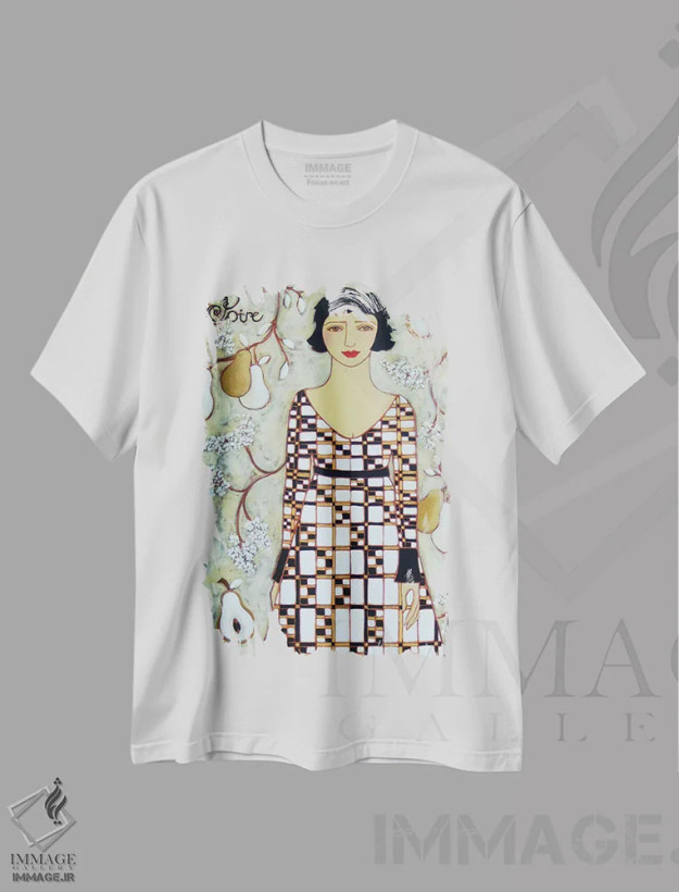 تیشرت سفید طرح دار گلابی، هنر فاخر معاصر اثر کارن ریگر | فروشگاه ایماژ