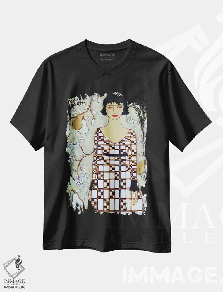 تیشرت مشکی طرح دار گلابی، هنر فاخر معاصر اثر کارن ریگر | immage.ir