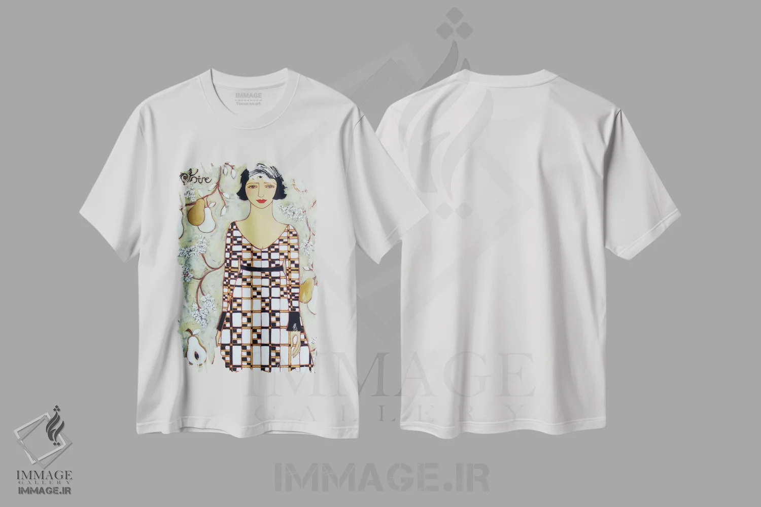 تیشرت سفید طرح دار گلابی، هنر فاخر معاصر اثر کارن ریگر | فروشگاه ایماژ