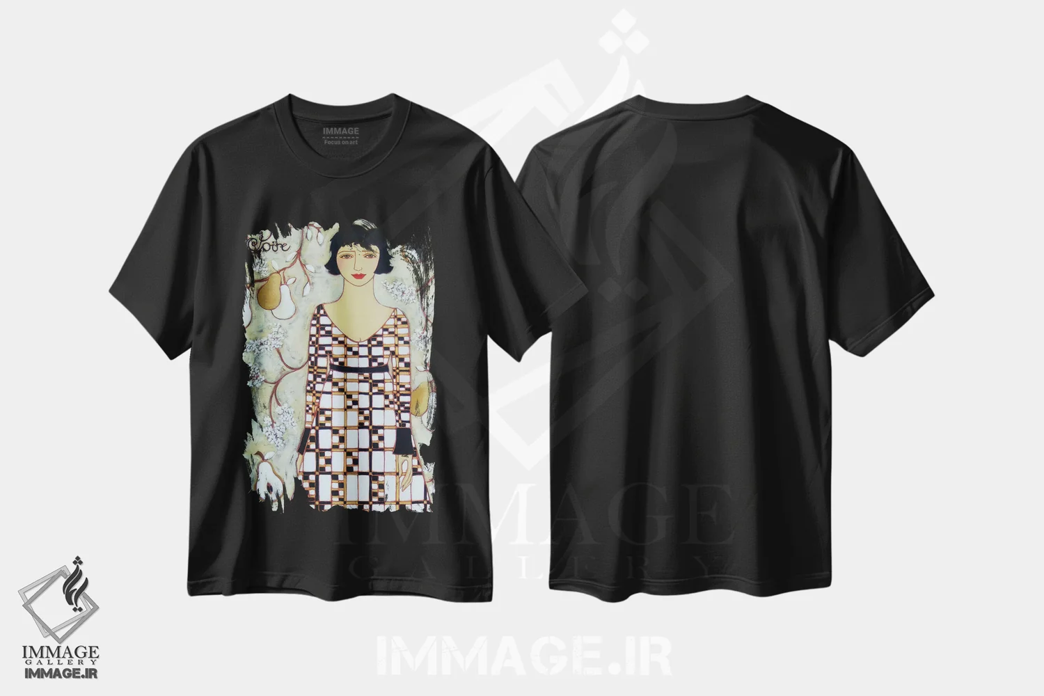 تیشرت مشکی طرح دار گلابی، هنر فاخر معاصر اثر کارن ریگر | immage.ir