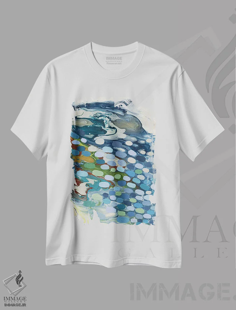 تیشرت سفید طرح دار جزر کم، آبستره اثر کریستن لی | فروشگاه ایماژ
