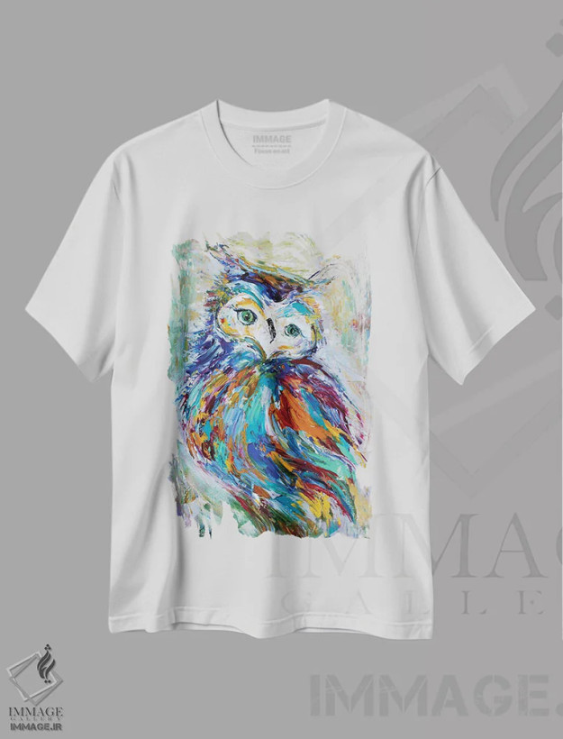 تیشرت سفید طرح دار جغد خیال انگیز، هنر فاخر معاصر اثر کارن تارلتون | فروشگاه ایماژ