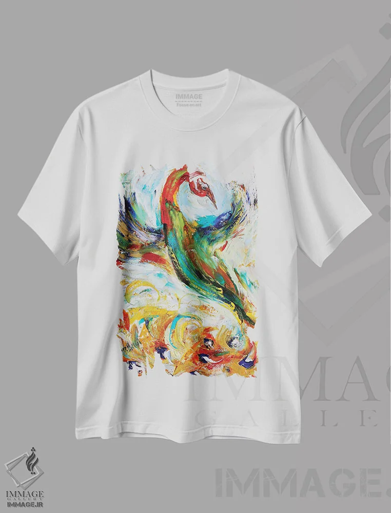 تیشرت سفید طرح دار ققنوس، هنر فاخر معاصر اثر کارن تارلتون | فروشگاه ایماژ