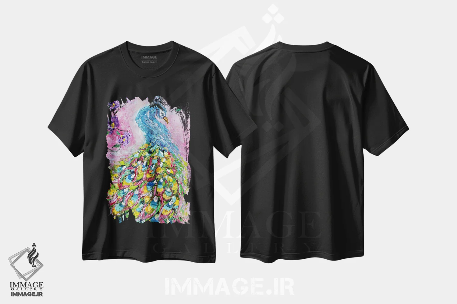 تیشرت مشکی طرح دار رقص طاووس، هنر فاخر معاصر اثر کارن تارلتون | فروشگاه ایماژ