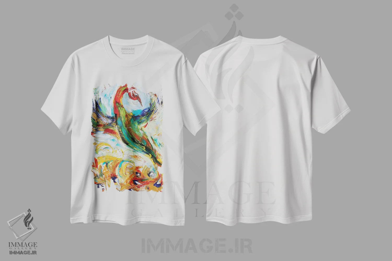 تیشرت سفید طرح دار ققنوس، هنر فاخر معاصر اثر کارن تارلتون | فروشگاه ایماژ