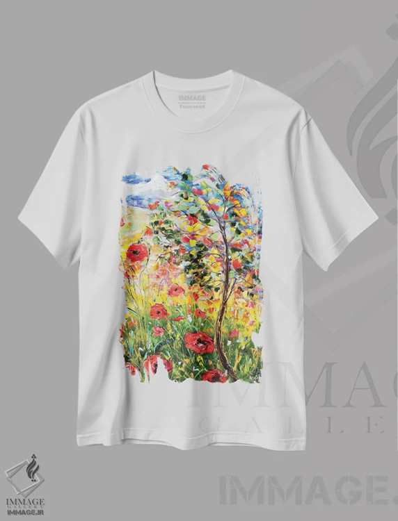تیشرت سفید طرح دار شقایق های پروانس، هنر فاخر معاصر اثر کارن تارلتون | فروشگاه ایماژ