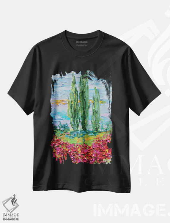 تیشرت مشکی طرح دار منظره شقایق های پروانس، هنر فاخر معاصر اثر کارن تارلتون | فروشگاه ایماژ