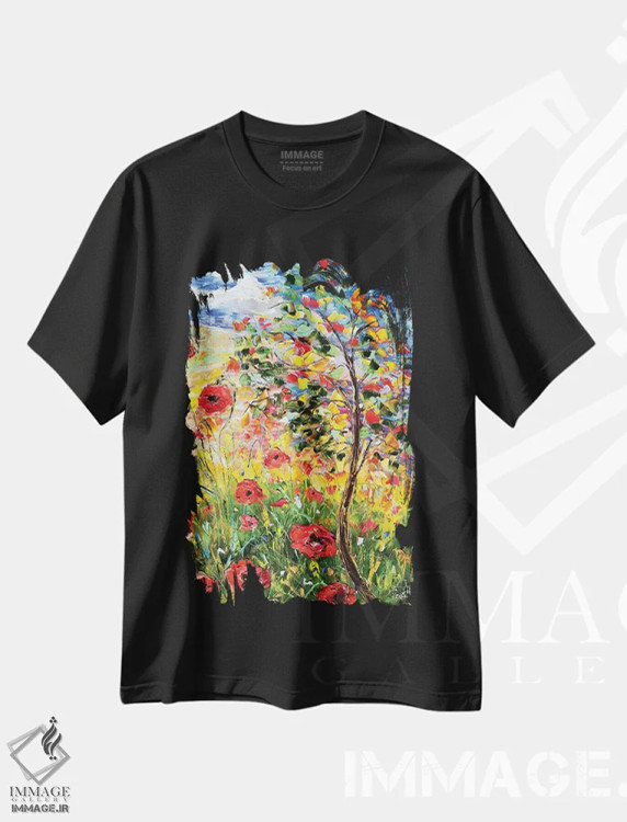 تیشرت مشکی طرح دار شقایق های پروانس، هنر فاخر معاصر اثر کارن تارلتون | immage.ir