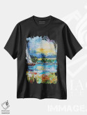 تیشرت مشکی طرح دار حرکت به سوی غروب با قایق، هنر فاخر معاصر اثر کارن تارلتون | فروشگاه ایماژ