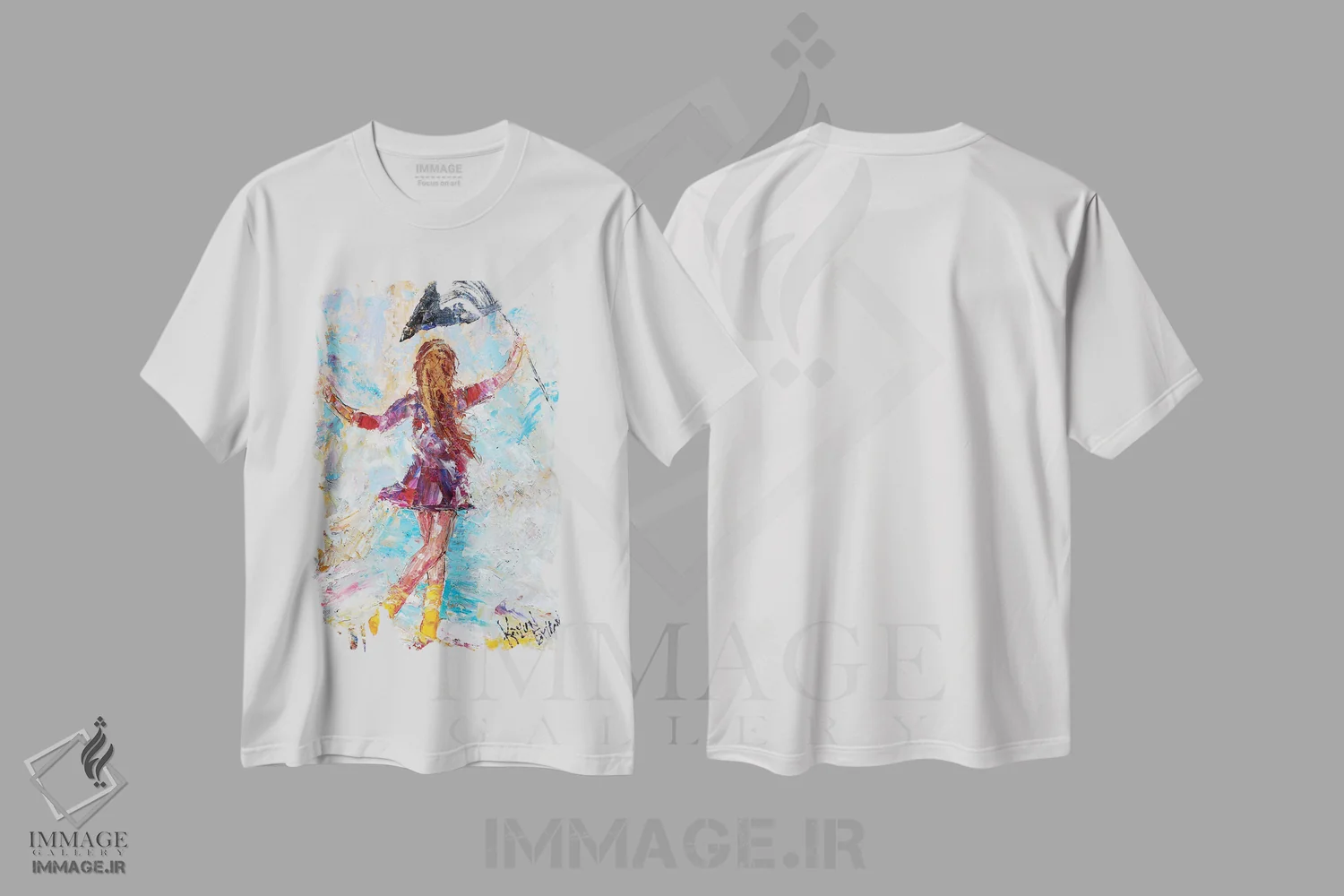 تیشرت سفید طرح دار رقص باران با چکمه های زرد، هنر فاخر معاصر اثر کارن تارلتون | فروشگاه ایماژ