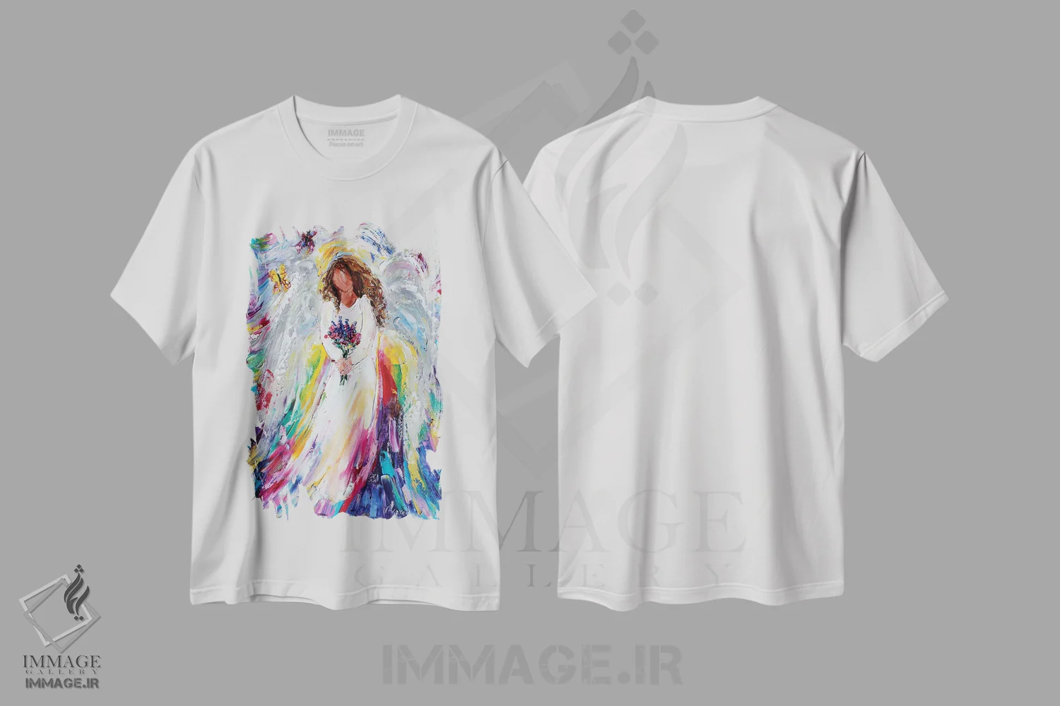 تیشرت سفید طرح دار فرشته بهاری با گل های وحشی و پروانه ها، هنر فاخر معاصر اثر کارن تارلتون | فروشگاه ایماژ