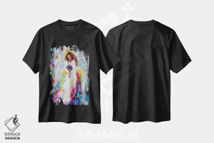 تیشرت مشکی طرح دار فرشته بهاری با گل های وحشی و پروانه ها، هنر فاخر معاصر اثر کارن تارلتون | immage.ir