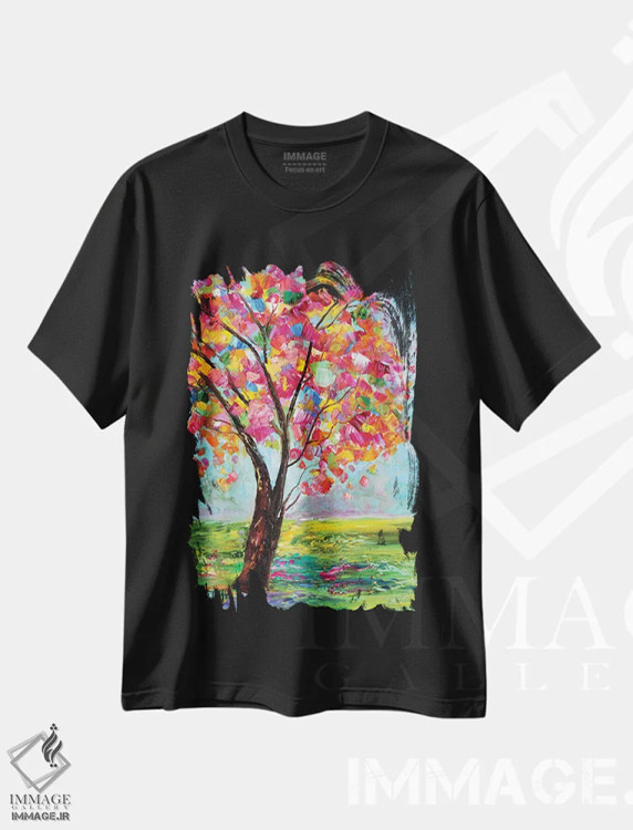 تیشرت مشکی طرح دار درخت بهاری، هنر فاخر معاصر اثر کارن تارلتون | فروشگاه ایماژ