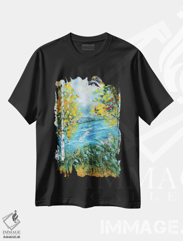 تیشرت مشکی طرح دار درخت غان در پاییز، دکور معاصر اثر کارن تارلتون | فروشگاه ایماژ