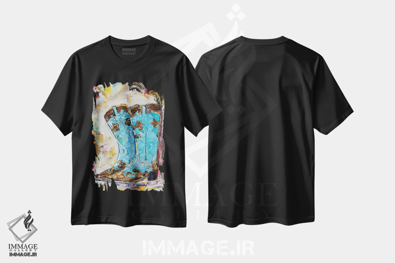 تیشرت مشکی طرح دار چکمه های گاوچرانی، دکور معاصر اثر کارن تارلتون | فروشگاه ایماژ