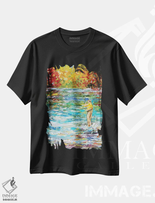 تیشرت مشکی طرح دار ماهیگیری با پر، هنر فاخر معاصر اثر کارن تارلتون | فروشگاه ایماژ