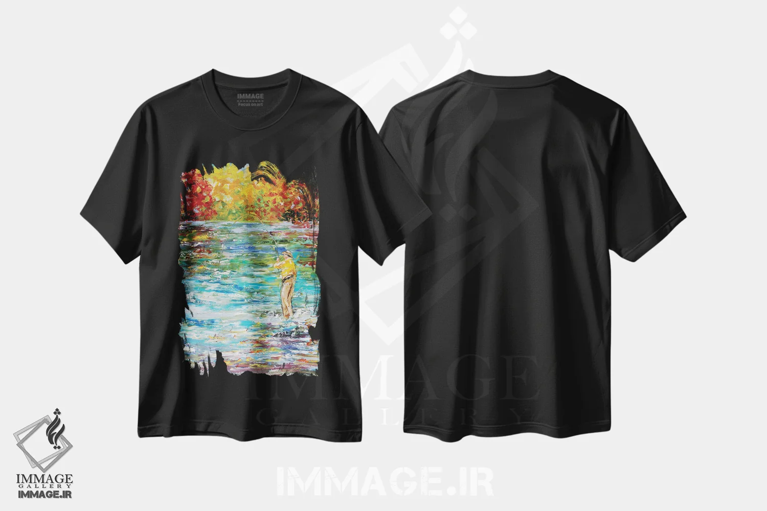 تیشرت مشکی طرح دار ماهیگیری با پر، هنر فاخر معاصر اثر کارن تارلتون | فروشگاه ایماژ
