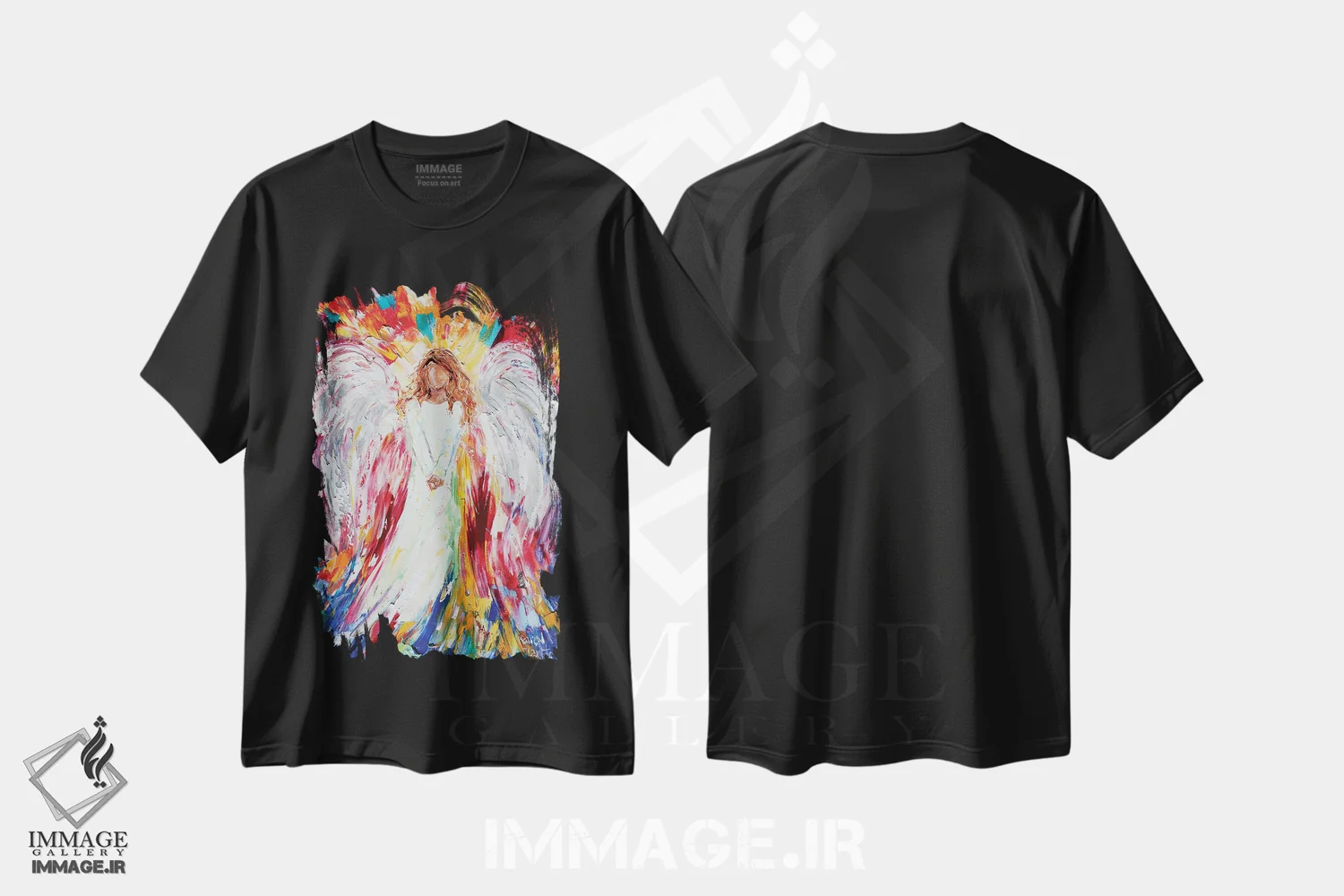 تیشرت مشکی طرح دار فرشته شاد، هنر فاخر معاصر اثر کارن تارلتون | فروشگاه ایماژ