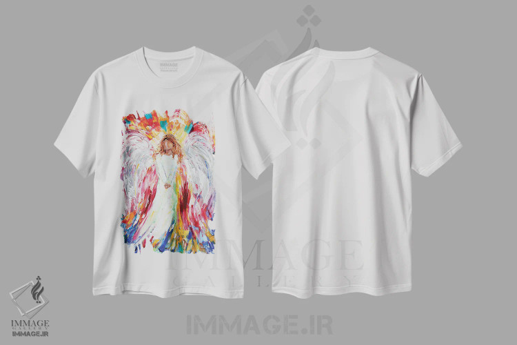 تیشرت سفید طرح دار فرشته شاد، هنر فاخر معاصر اثر کارن تارلتون | immage.ir