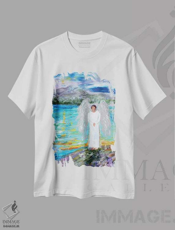 تیشرت سفید طرح دار فرشته مذکر، هنر فاخر معاصر اثر کارن تارلتون | immage.ir