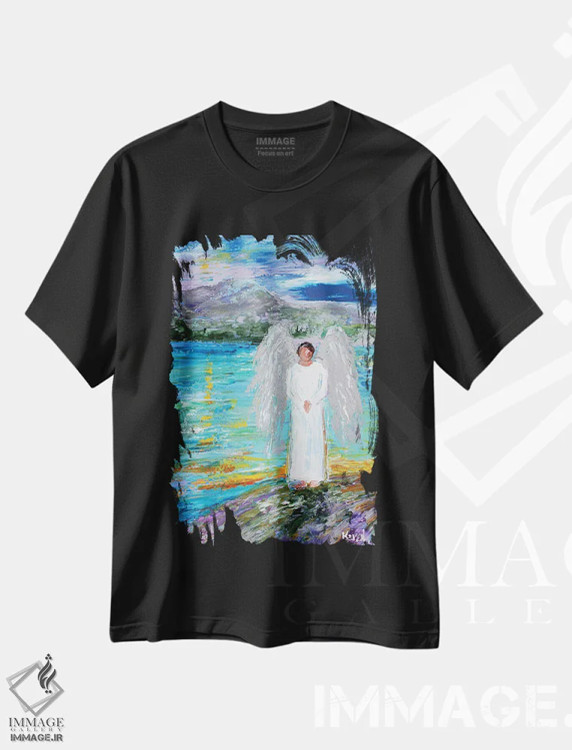 تیشرت مشکی طرح دار فرشته مذکر، هنر فاخر معاصر اثر کارن تارلتون | فروشگاه ایماژ
