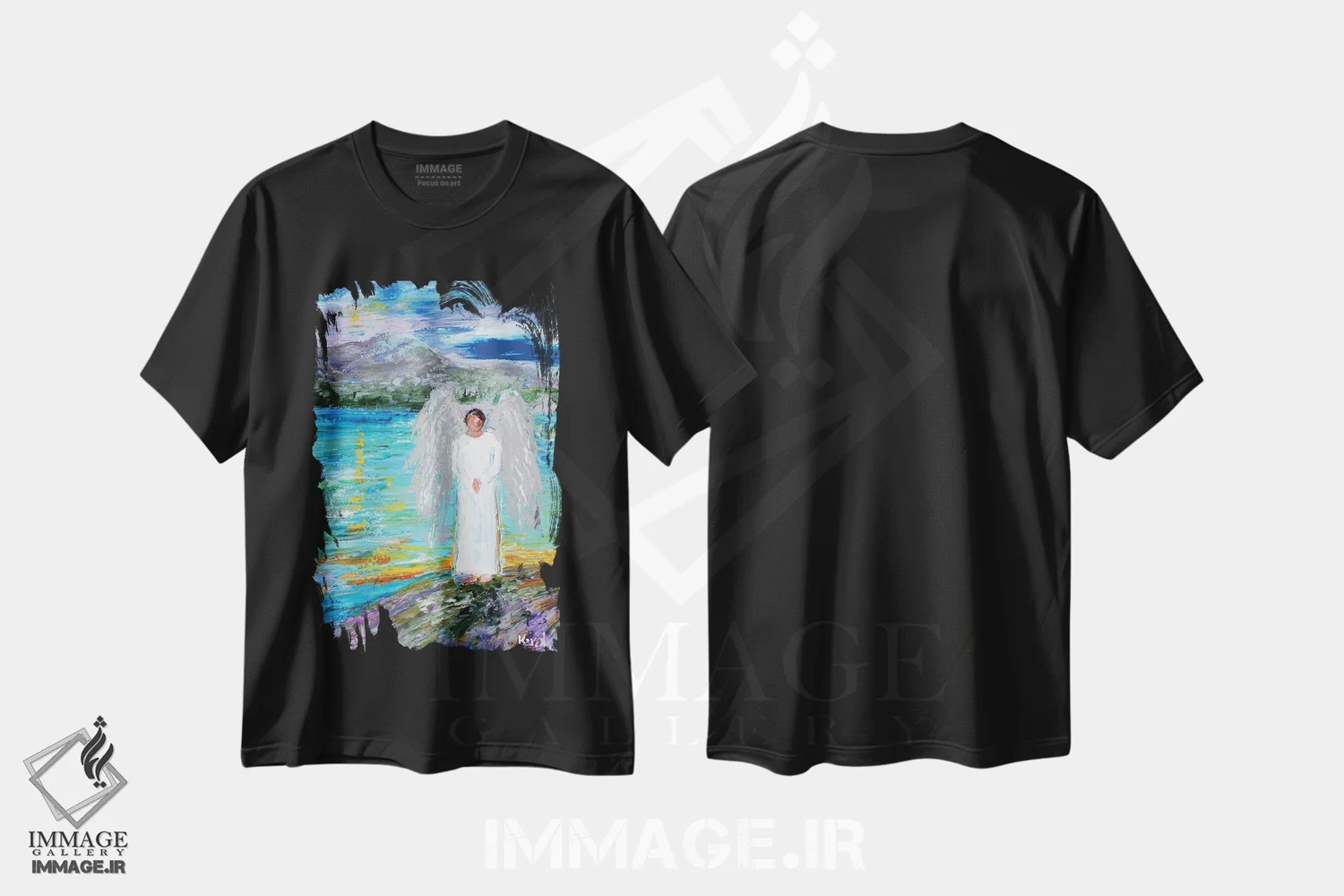 تیشرت مشکی طرح دار فرشته مذکر، هنر فاخر معاصر اثر کارن تارلتون | فروشگاه ایماژ