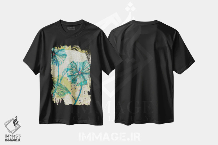 تیشرت مشکی طرح دار گل آبی، دکور معاصر اثر کارن سیکیه | فروشگاه ایماژ