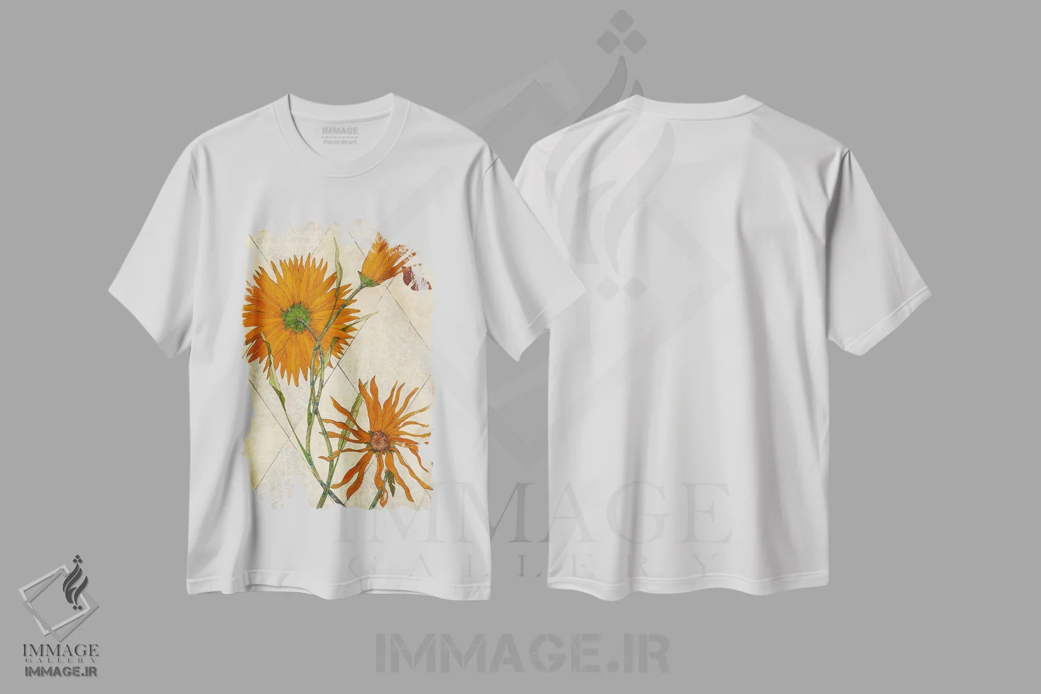 تیشرت سفید طرح دار بابونه های نارنجی، دکور معاصر اثر کارن سیکیه | فروشگاه ایماژ