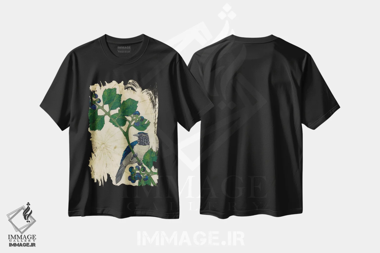 تیشرت مشکی طرح دار پرنده پاییزی، دکور معاصر اثر کارن سیکیه | فروشگاه ایماژ