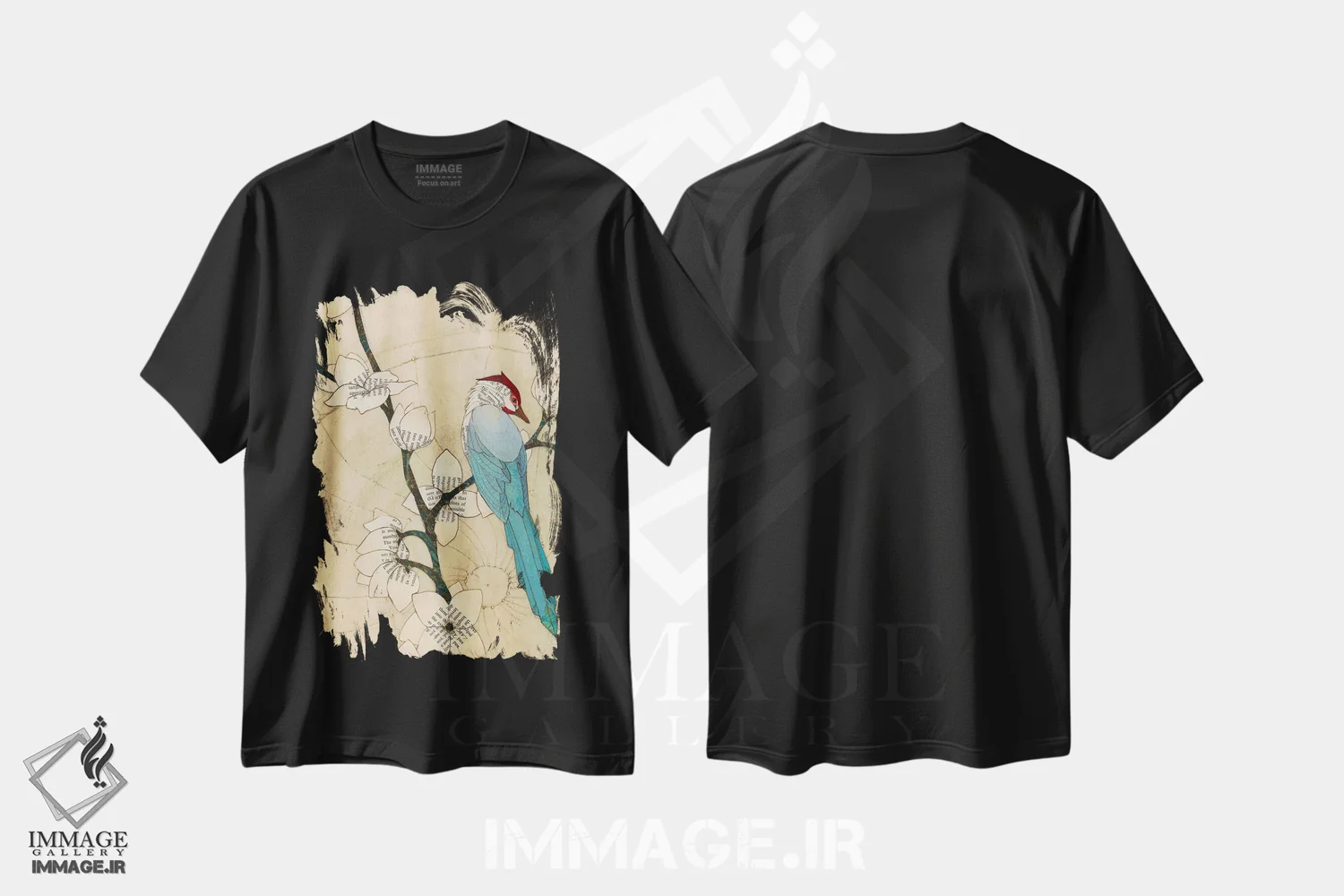 تیشرت مشکی طرح دار پرنده تابستانی، دکور معاصر اثر کارن سیکیه | فروشگاه ایماژ