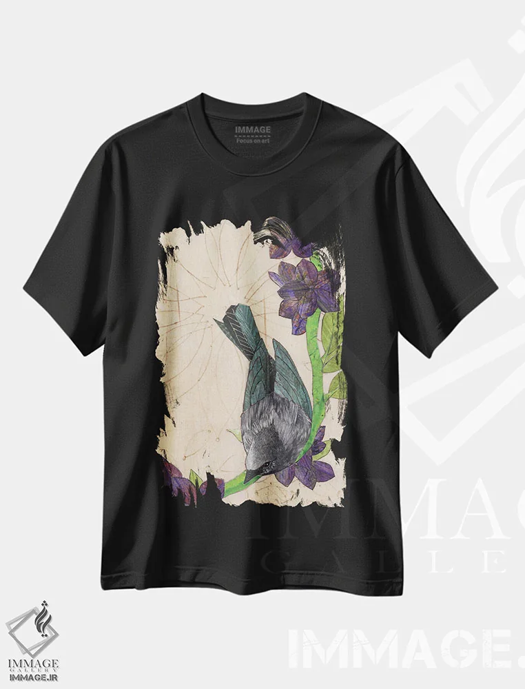 تیشرت مشکی طرح دار پرنده سیاه، دکور معاصر اثر کارن سیکیه | فروشگاه ایماژ