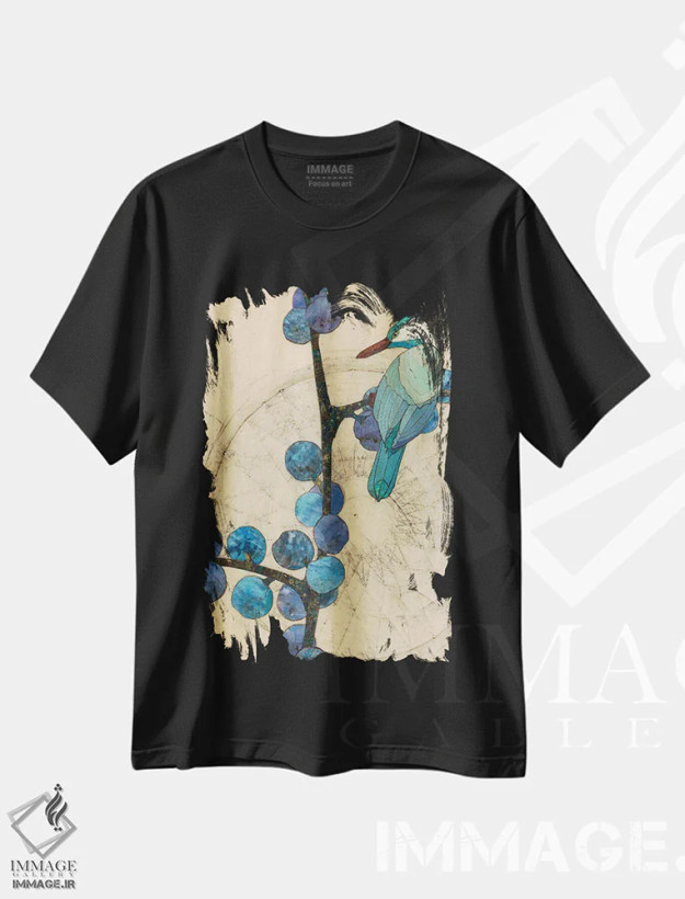 تیشرت مشکی طرح دار پرنده زمستانی، دکور معاصر اثر کارن سیکیه | فروشگاه ایماژ