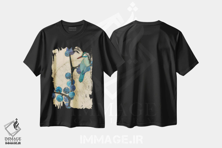 تیشرت مشکی طرح دار پرنده زمستانی، دکور معاصر اثر کارن سیکیه | فروشگاه ایماژ